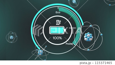 Image of micro of atom models over scope and data processing on black background Image of micro of atom models over scope and data processing on black background 115371465