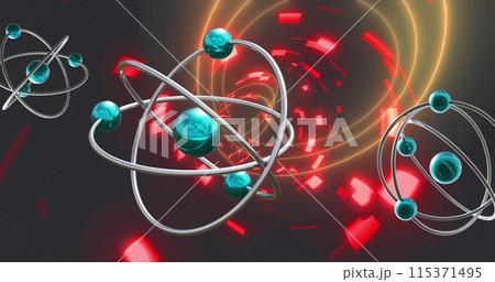 Image of micro of atom models over light trails on black background Image of micro of atom models over light trails on black background 115371495