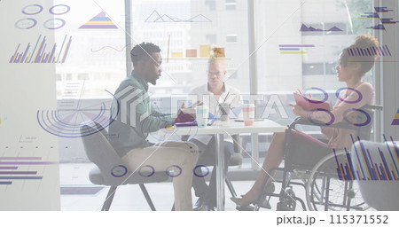 Image of data processing over diverse business people in office 115371552