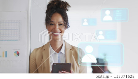 Image of icons and data processing over biracial businesswoman in office 115371628
