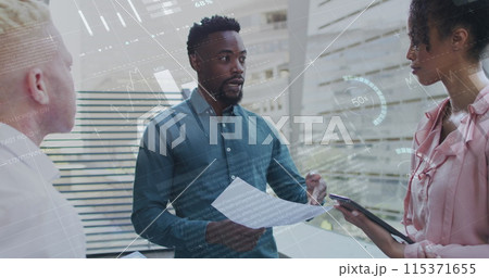 Image of data processing over diverse business people in office Image of data processing over diverse business people in office 115371655