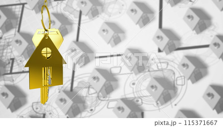 Image of golden house keys and house shaped key fob hanging over 3d white house models in a row 4k 115371667