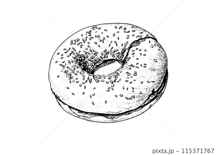 Bagel sketch in american style. Hand drawn vector illustration in engraved style.. Bagel sketch in american style. Hand drawn vector illustration in engraved style.. 115371767