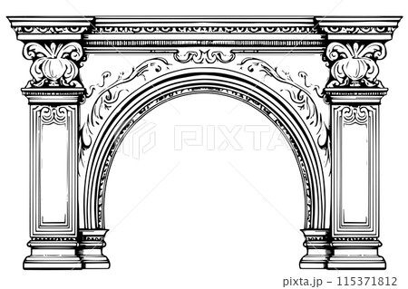 Vintage Architectural Frames: Baroque and Gothic Arch Designs in Detailed Vector Sketches. Vintage Architectural Frames: Baroque and Gothic Arch Designs in Detailed Vector Sketches. 115371812