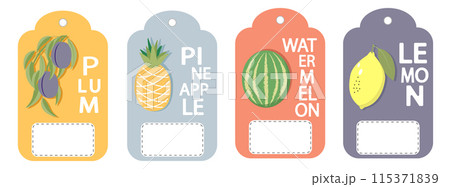 Set of labels, price tags of fruit posters in a bright minimalistic style. 115371839