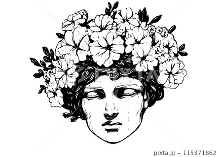 Statue with flowers on her head on engraved style vector illustration. Statue with flowers on her head on engraved style vector illustration. 115371862