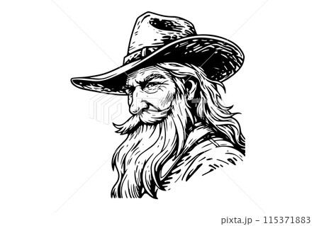 Old cowboy bust or head on hat in engraving style. Hand drawn ink sketch. Vector illustration. 115371883