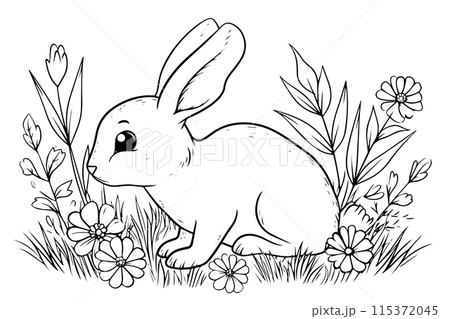 Vintage Easter Rabbit and Floral Illustration: Engraved Bunny in a Spring Garden. Vintage Easter Rabbit and Floral Illustration: Engraved Bunny in a Spring Garden. 115372045