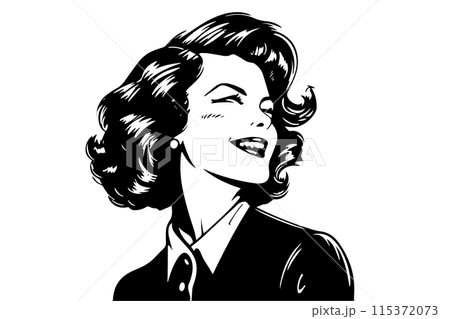 Happy businness woman ink drawing sketch. Pop art style black and white vector illustration. 115372073