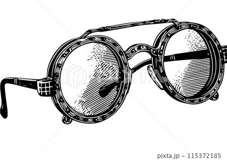 Steampunk Goggles: Vintage Vector Sketch of Industrial Eyewear with Clockwork Detail 115372185