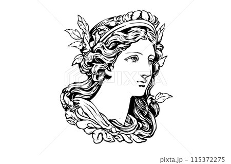Aphrodite head hand drawn ink sketch. Engraved style vector illustration. 115372275