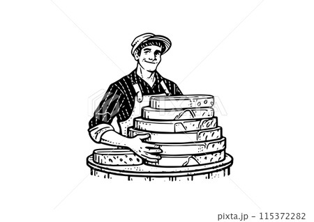Cheesemaker or seller drawing ink sketch, vintage engraved style vector logotype illustration. Cheesemaker or seller drawing ink sketch, vintage engraved style vector logotype illustration. 115372282
