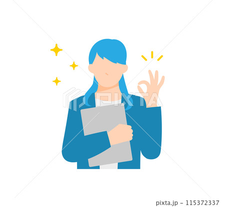 バインダーを持ってオッケーサインをするビジネスパーソン。シンプルでフラットなベクターイラスト。 バインダーを持ってオッケーサインをするビジネスパーソン。シンプルでフラットなベクターイラスト。 115372337