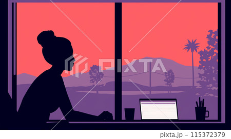 在宅勤務の女性：窓の外は遠くに山並みと夕焼け