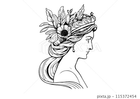 Aphrodite head hand drawn ink sketch. Engraved style vector illustration. 115372454
