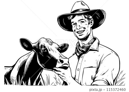 Cow and farmer on the field illustration. Agriculture icon logo vector sketch. Cow and farmer on the field illustration. Agriculture icon logo vector sketch. 115372460