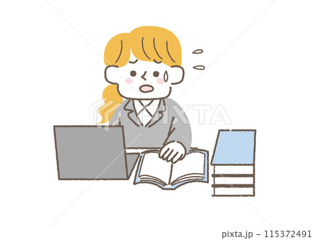 溜まった仕事を片付けている女性の会社員のイラスト 115372491