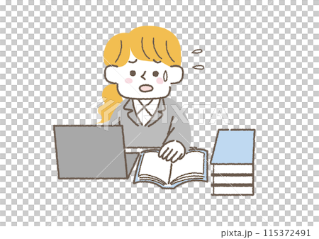 Illustration of a female office worker clearing up accumulated work 115372491