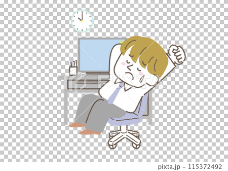 Illustration of a businessman working overtime until late 115372492