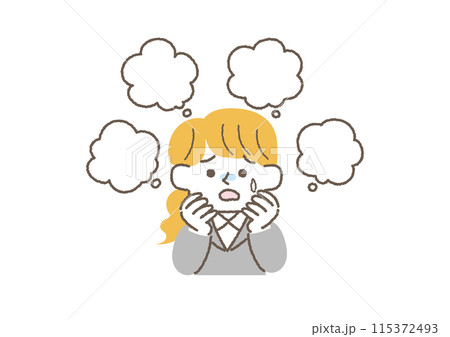 いろんなことを不安に思っているビジネスウーマンのイラスト いろんなことを不安に思っているビジネスウーマンのイラスト 115372493