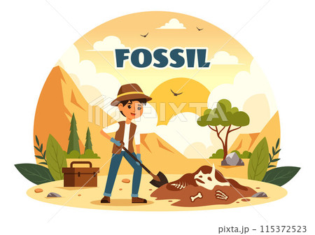 Fossil Vector Illustration of Archaeologists Discovering Dinosaur Skeletons During Excavations, Depicted in a Flat Cartoon Style Background Fossil Vector Illustration of Archaeologists Discovering Dinosaur Skeletons During Excavations, Depicted in a Flat Cartoon Style Background 115372523