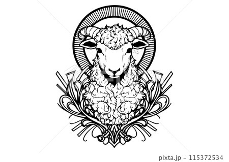 Sheep logotype hand drawn ink sketch. Engraved style vector illustration. 115372534