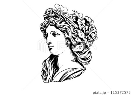 Aphrodite head hand drawn ink sketch. Engraved style vector illustration. Aphrodite head hand drawn ink sketch. Engraved style vector illustration. 115372573