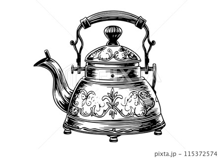 Retro kettle hand drawn ink sketch. Engraved style vector illustration. Retro kettle hand drawn ink sketch. Engraved style vector illustration. 115372574