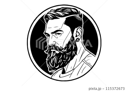 Hand drawn portrait of bearded man in profile. Hipster ink sketch. Logotype vector illustration. Hand drawn portrait of bearded man in profile. Hipster ink sketch. Logotype vector illustration. 115372673