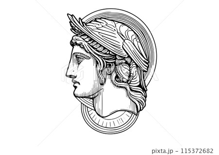 Hermes head hand drawn ink sketch. Engraved style vector illustration. 115372682