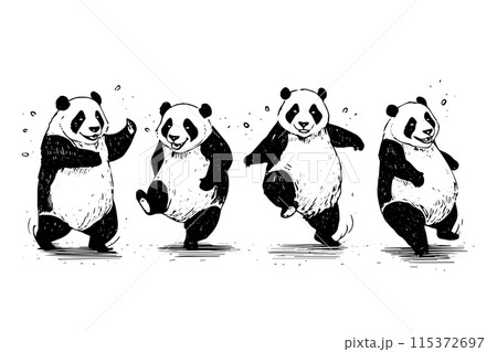 Set of dancing panda hand drawn ink sketch. Engraved style vector illustration. Set of dancing panda hand drawn ink sketch. Engraved style vector illustration. 115372697