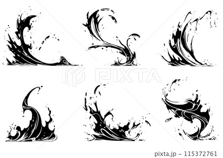 Vintage Sketch Collection: Liquid Wave and Splash Vector Engraved Style Illustration. 115372761