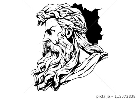 Zeus head hand drawn logo ink sketch. Engraved style vector illustration. 115372839