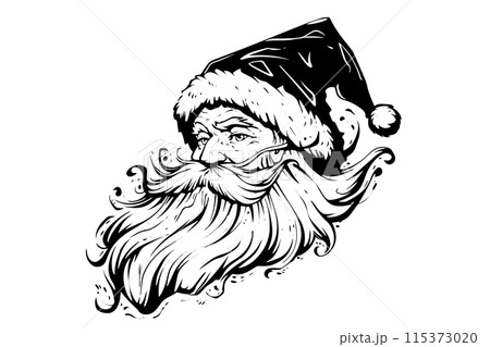Santa head logotype hand drawn ink sketch. Engraved style vector illustration. Santa head logotype hand drawn ink sketch. Engraved style vector illustration. 115373020
