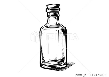 Vintage glass milk bottle woodcut engraved vector sketch. Vintage glass milk bottle woodcut engraved vector sketch. 115373092