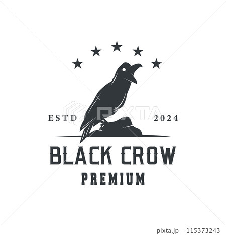 Black crow logo silhouette design with simple retro vintage black concept template illustration Black crow logo silhouette design with simple retro vintage black concept template illustration 115373243