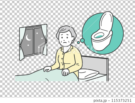 Illustration of an elderly woman suffering from frequent urination at night, feeling stressed because she feels the need to urinate while sleeping 115373251