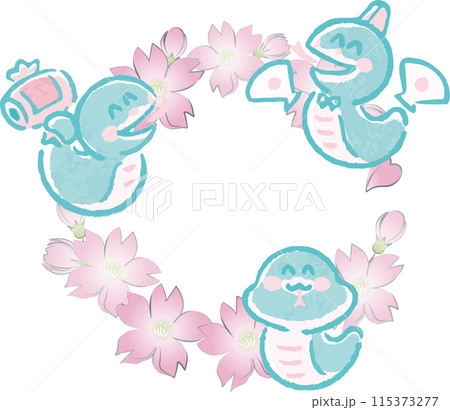 フレーム　年賀状2025　年賀2025　巳年　巳　へび　蛇　手描き　水彩　桜　かわいい　イラスト素材 115373277