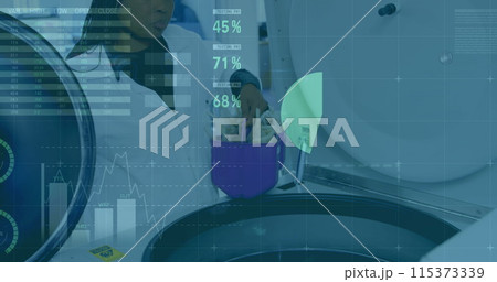Image of digital interface and statistics with scientist working with equipment in lab Image of digital interface and statistics with scientist working with equipment in lab 115373339