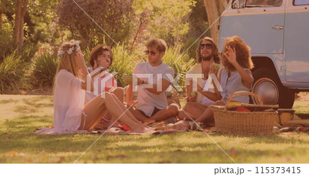 Group of diverse friends having lunch and enjoying in the park while having a picnic 115373415