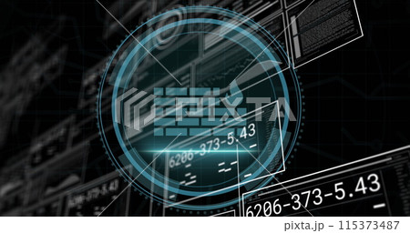 Image of digital interface with data processing over black background Image of digital interface with data processing over black background 115373487
