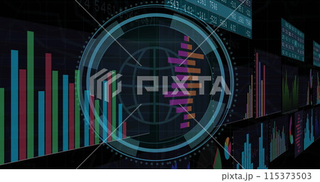 Image of digital interface with data processing over black background 115373503