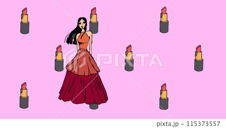 Image of lipsticks over female model in dress on pink background 115373557