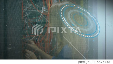 Image of data processing over caucasian female engineer connecting wires 115373738