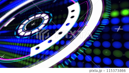 Image of scope scanning and network of connections on black background Image of scope scanning and network of connections on black background 115373866