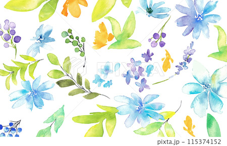 水彩画。水彩タッチの草木と花のベクターイラスト背景。水彩フラワーのポストカード背景セット。 水彩画。水彩タッチの草木と花のベクターイラスト背景。水彩フラワーのポストカード背景セット。 115374152