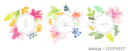 水彩画。水彩タッチの草木と花のベクターイラスト背景。水彩フラワーのポストカード背景セット。 水彩画。水彩タッチの草木と花のベクターイラスト背景。水彩フラワーのポストカード背景セット。 115374157