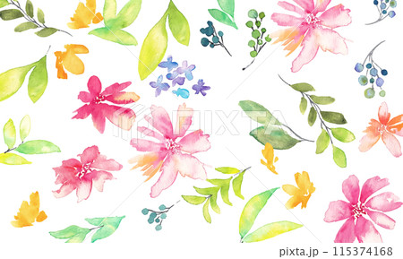 水彩画。水彩タッチの草木と花のベクターイラスト背景。水彩フラワーのポストカード背景セット。 115374168