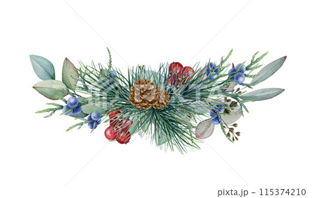 Winter season festive floral decor. Watercolor vintage style illustration. Painted conifer, eucalyptus, juniper, red berries natural element decoration. Winter floral decoration on white background Winter season festive floral decor. Watercolor vintage style illustration. Painted conifer, eucalyptus, juniper, red berries natural element decoration. Winter floral decoration on white background 115374210
