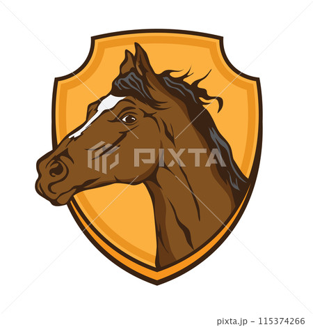 Horse head vector illustration with shield, good for Stable and Ranch logo Horse head vector illustration with shield, good for Stable and Ranch logo 115374266
